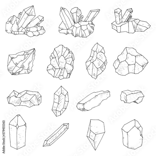 Set of crystals, minerals and gemstones. Vector cartoon illustrations.