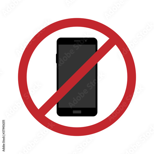 Vector of sign or symbol showing no cell phones allowed concept with black smartphone and red no or restricted circle with line across and isolated against white background.