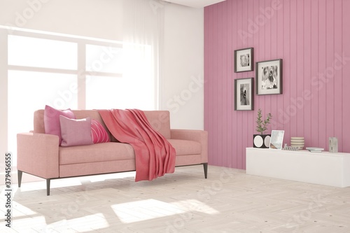 Idea of pink minimalist room with sofa. Scandinavian interior design. 3D illustration