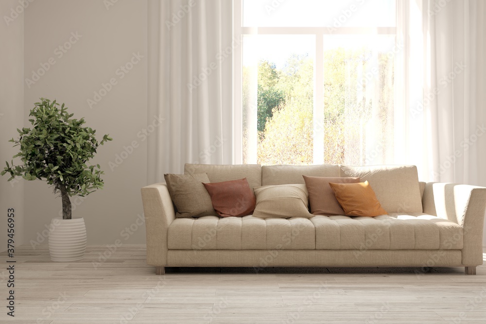 Fototapeta premium White room with sofa and autumn landscape in window. Scandinavian interior design. 3D illustration