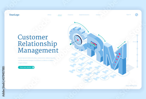 Customer relationship management banner. Marketing strategies and technologies for manage and development client interactions. Vector landing page of CRM with isometric illustration