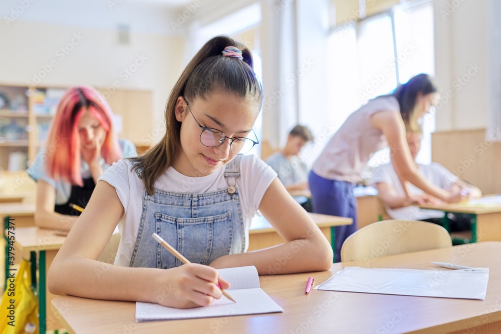 Lesson in class of teenage children, in front girl sitting at desk writing in notebook Lesson in class of teenage children, in front girl sitting at desk writing in notebook