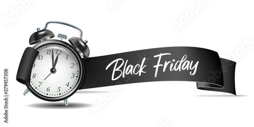 Curved paper banner ribbon with Black Friday inscription and realistic black alarm clock.