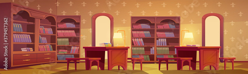 Library interior, empty room for reading with various books collection on wooden bookcase shelves, desks with lamps and wallpapers on wall. Cozy place for literature readers, cartoon vector athenaeum