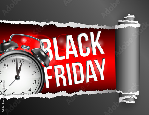 Torn paper with opening showing Black Friday inscription and realistic black alarm clock.