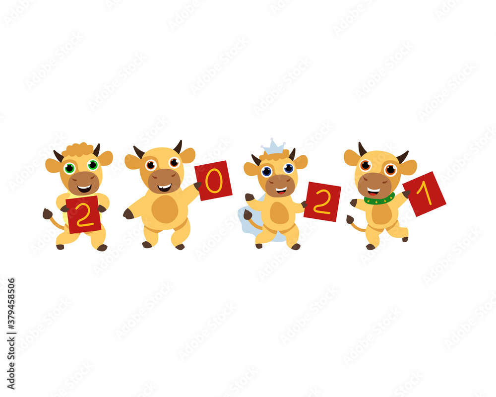 new year bulls with cards in hands with numbers 2021 new year bulls with cards in hands with numbers 2021