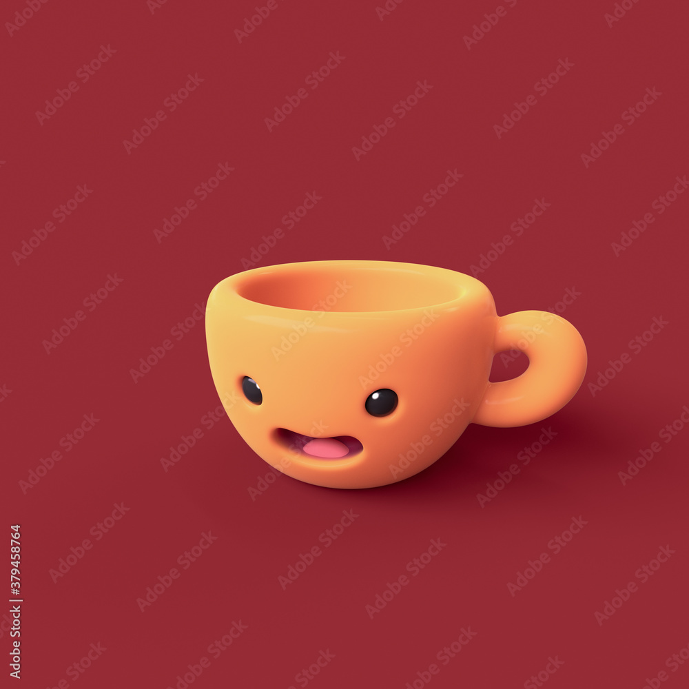 3d illustration of a colorful yellow smiling cup with open mouth, black eyes on a red background. Concept art cute funny kawaii mug with a happy face. Cartoon character tea cup. Coffee time concept. 3d illustration of a colorful yellow smiling cup with open mouth, black eyes on a red background. Concept art cute funny kawaii mug with a happy face. Cartoon character tea cup. Coffee time concept.