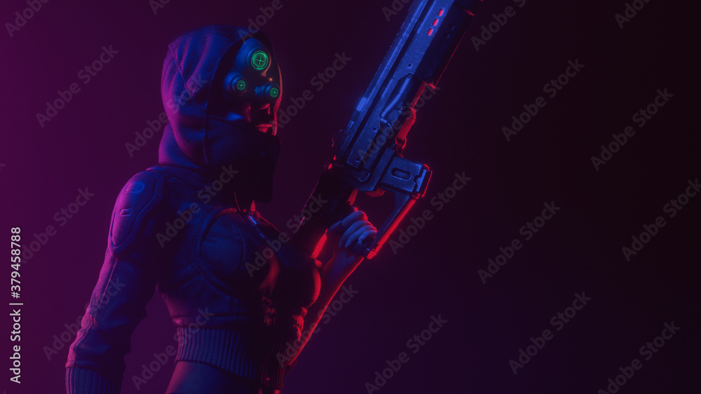 Young beautiful futuristic woman in hooded leather jacket wears night vision helmet holds assault rifle in one hand on dark scene. 3d illustration of a dangerous cyberpunk girl in tight black clothes. - obrazy, fototapety, plakaty 