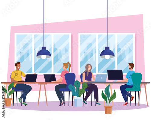 coworking space, young people with computers in big desk, team working concept vector illustration design