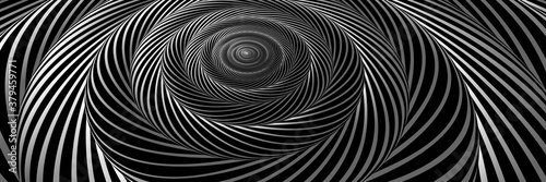 Abstract Curved Spiral Background. Black and White Metallic Rotating Hypnotic Pattern. Raster. 3D Illustration