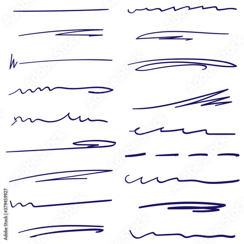 Set of handmade lines, brush lines, underlines. Hand-drawn collection of doodle style various shapes. Art Lines. Isolated on white. Vector illustration