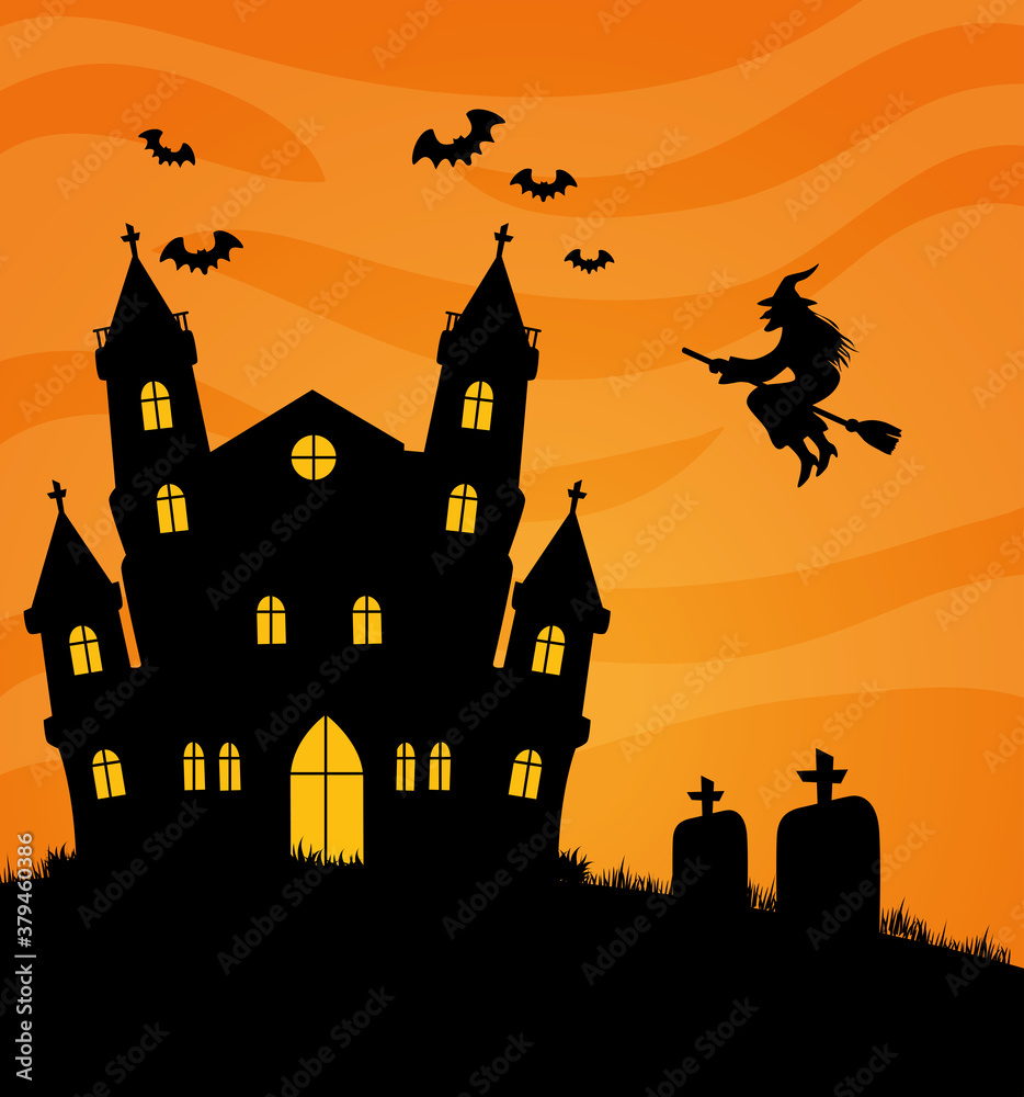 happy halloween banner with castle haunted, bats and witch flying vector illustration design