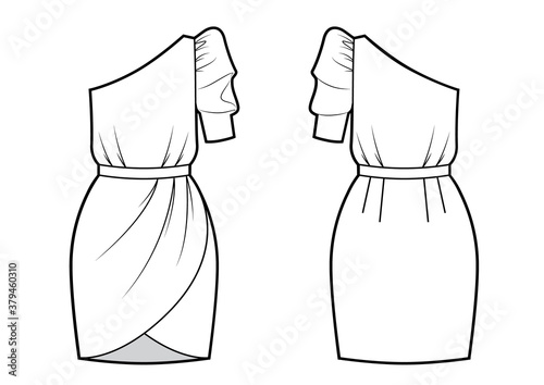 Technical drawing of evening dress with one sleeve. Front and back views.