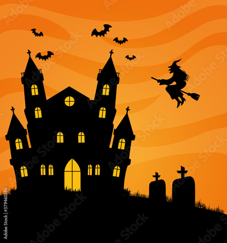 happy halloween banner with castle haunted  bats and witch flying vector illustration design