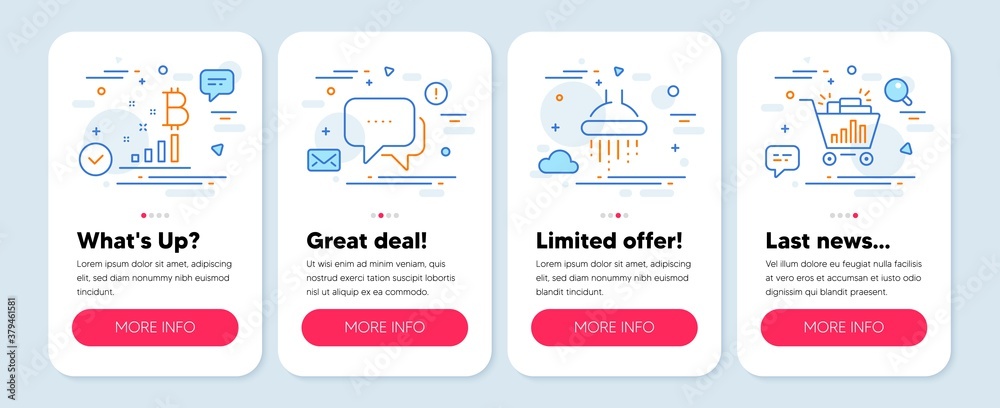 Set of Technology icons, such as Bitcoin graph, Shower, Message symbols. Mobile screen mockup banners. Seo shopping line icons. Cryptocurrency analytics, Bathroom, Chat bubble. Analytics. Vector