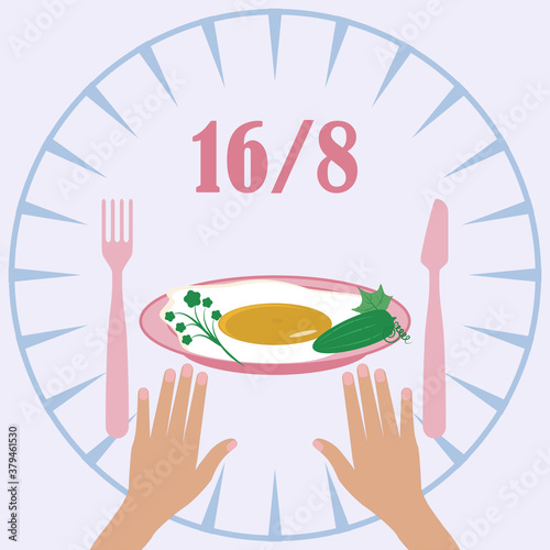 Intermittent fasting - 16 and 8, female hands, scrambled eggs, vegetables, knife, fork - vector. Diet banner concept