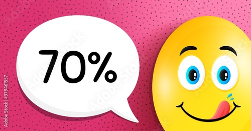 70% off Sale. Easter egg with yummy smile face. Discount offer price sign. Special offer symbol. Easter smile character. Discount speech bubble. Yummy egg background. Vector