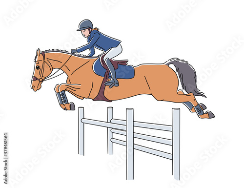 Young rider on pony jumping over obstacle on equestrian sport competition