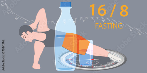 Intermittent fasting - man doing handstand, watch, water bottle, glass, 16 and 8 - vector. Diet concept