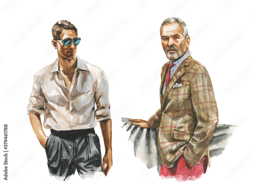 Fashion watercolor illustration of man in business casual outfit. Hand drawn painting of elegant suit. Luxury look