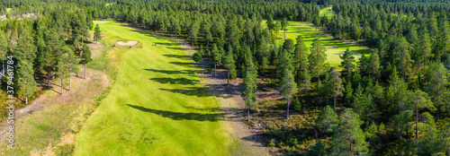 Aerial panorama on few narrow long golf courses in Northern forest. Unidentified people play golf on Golf course, pine trees around, Northern Scandinavia. Warm Sunny day excellent for golfers