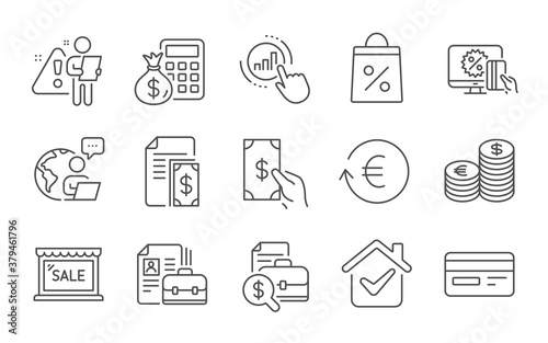 Accounting report, Payment and Graph chart line icons set. Receive money, Shopping bag and Finance calculator signs. Online shopping, Vacancy and Exchange currency symbols. Line icons set. Vector