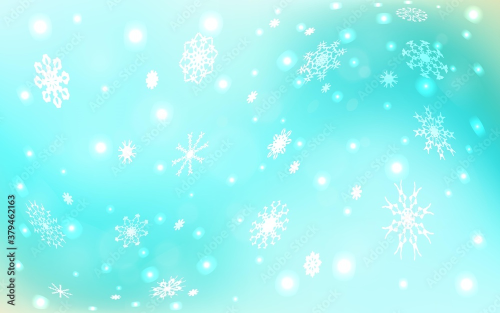 Light Green vector background with xmas snowflakes. Shining colored illustration with snow in christmas style. The pattern can be used for new year ad, booklets.