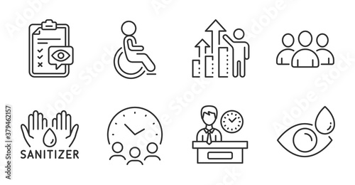 Group, Eye checklist and Hand sanitizer line icons set. Employee results, Disabled and Eye drops signs. Meeting time, Presentation time symbols. Group of users, Optometry, Hygiene care. Vector