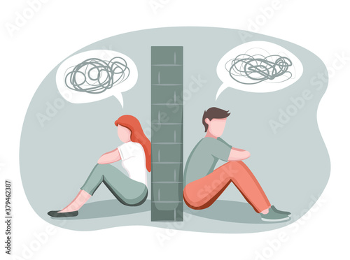 Divorce, breakup, separation concept. Depressed man and woman divided by stone wall, married couple having relationship problem, love misunderstandings, vector illustration in flat style