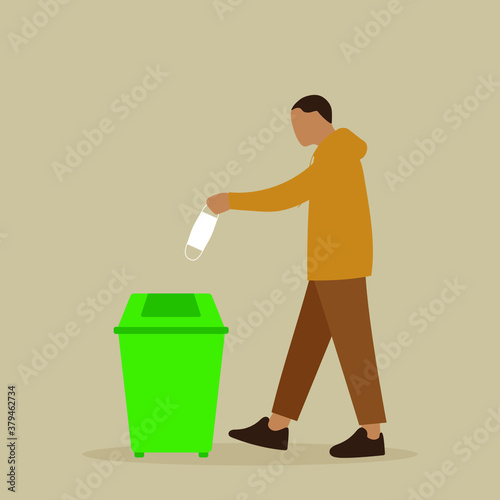Male character throws a medical mask into an urn