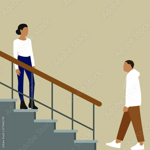 A female character stands on the stairs, and a male character goes to the stairs