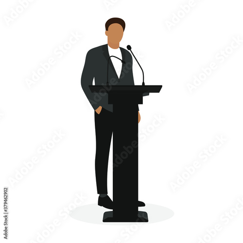 Stand with a microphone and a male character in a business suit on a white background