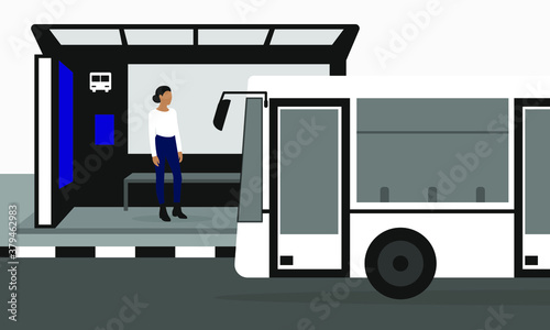 Female character at the bus stop and the approaching bus