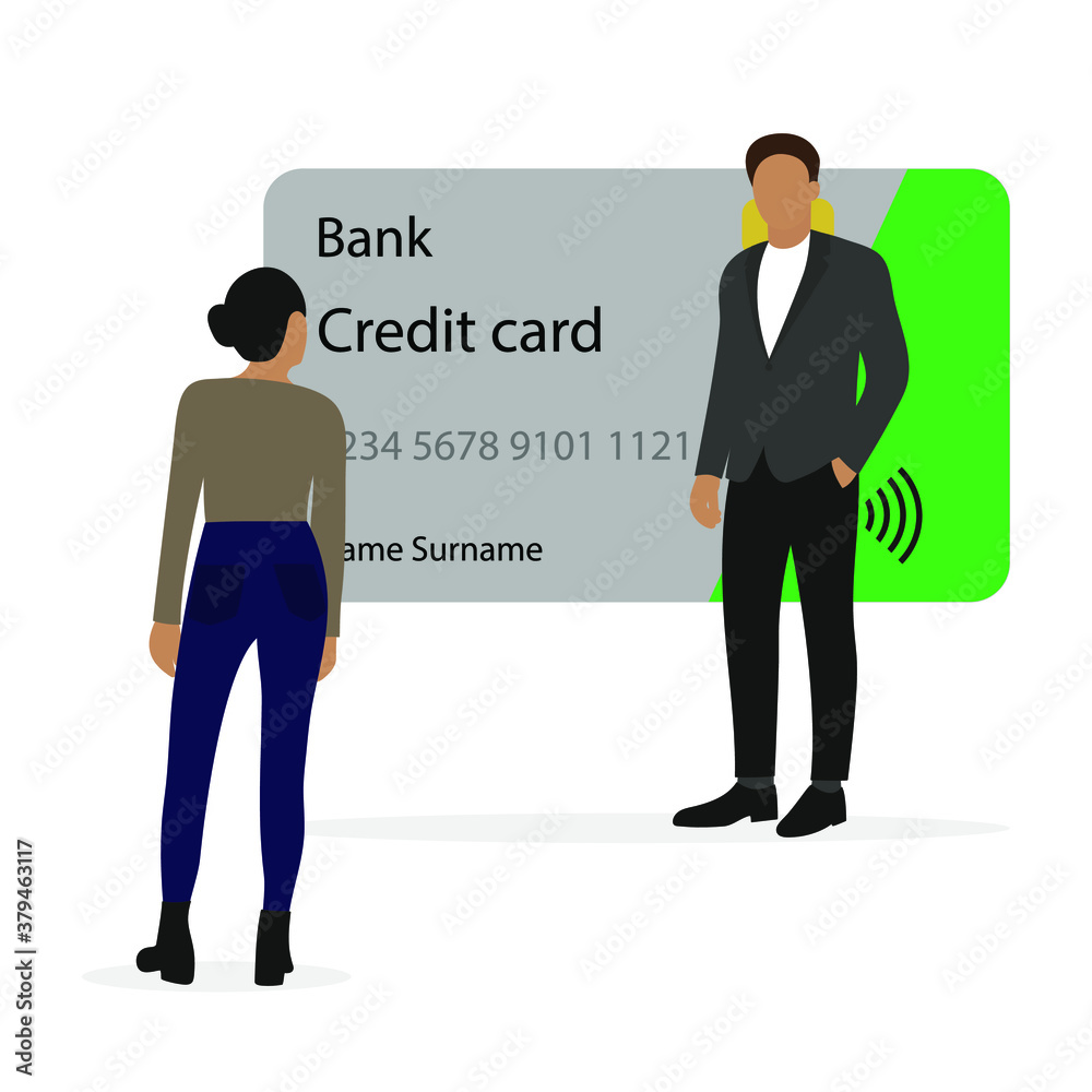 Obraz premium Male character on the background of a huge credit card and a female character looking at them