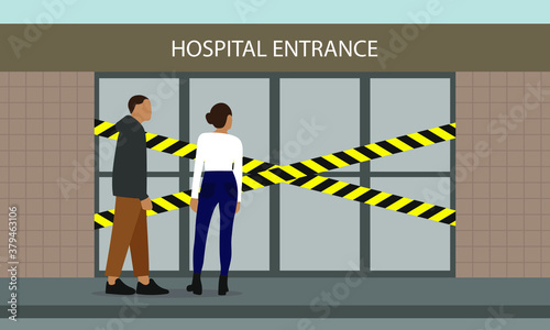 Male character and female character stand in front of hospital entrance with a prohibition tape