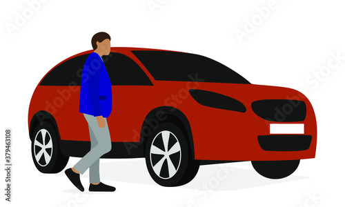 Male character in jacket near modern crossover on white background