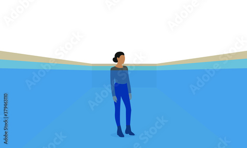 Female character in clothes stands in a pool full of water