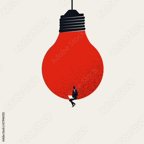 Content creation, creative person vector concept. Man sitting in lighbulb with laptop. Symbol of creativity.