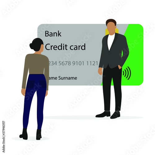 Male character on the background of a huge credit card and a female character looking at them © Tatyana