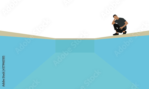 Male character squatting on the edge of an empty pool