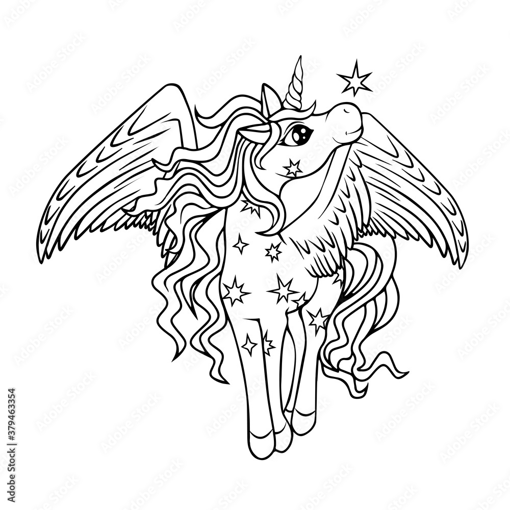 Fototapeta premium Cute magical winged unicorn with stars. Black outline. Coloring.