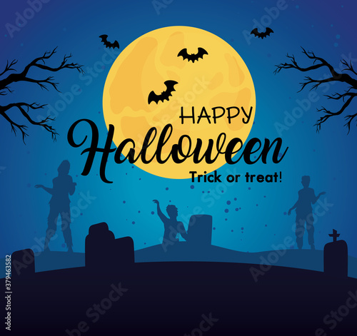 happy halloween banner with zombies silhouettes in cemetery vector illustration design