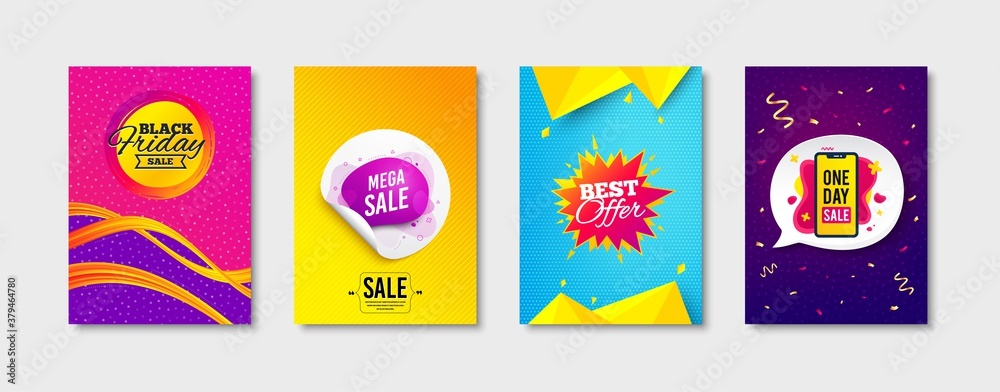 Mega sale, Best offer and Black friday promo label set. Sticker template layout. One day sign. Banner sticker, Flyer shape, Banner tag. Sale offer. Promotional tag set. Speech bubble banner. Vector