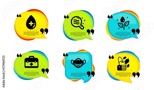 Plants watering, Skin condition and First aid icons simple set. Speech bubble with quotes. Oil serum, Medical mask and Mint bag signs. Water drop, Search magnifier, Medicine case. Vector