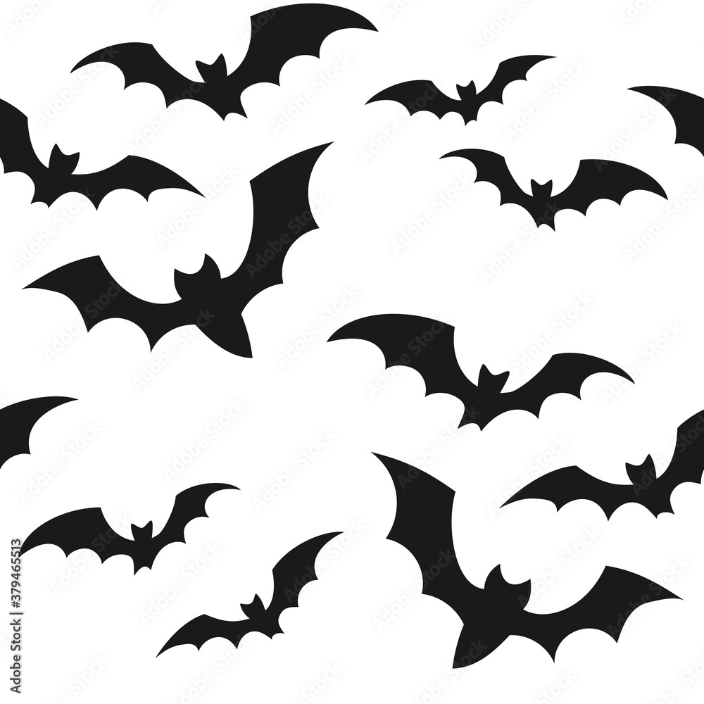 Halloween seamless pattern with black bats on white background. Endless ...