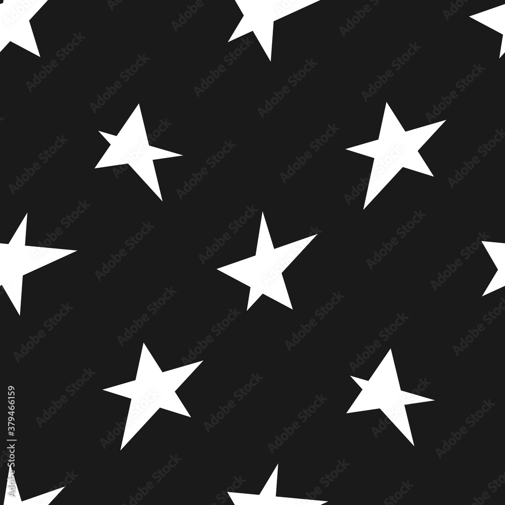 Seamless pattern with white stars on black background. Endless background, wallpaper, wrapping, packaging, texture, paper. Vector illustration in flat style. Seamless pattern with white stars on black background. Endless background, wallpaper, wrapping, packaging, texture, paper. Vector illustration in flat style.