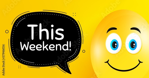 This weekend symbol. Easter egg with smile face. Special offer sign. Sale. Easter smile character. This weekend black speech bubble. Yellow egg background. Vector