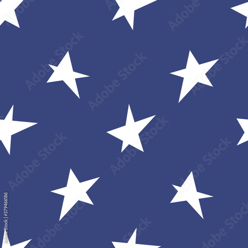 Fototapeta Naklejka Na Ścianę i Meble -  Seamless pattern with white stars on blue background. Endless background, wallpaper, wrapping, packaging, texture, paper. Vector illustration in flat style.