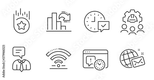 Decreasing graph, Wifi and World mail line icons set. Engineering team, Support service and Select alarm signs. Project deadline, Loyalty star symbols. Column chart, Wireless internet, Chat. Vector