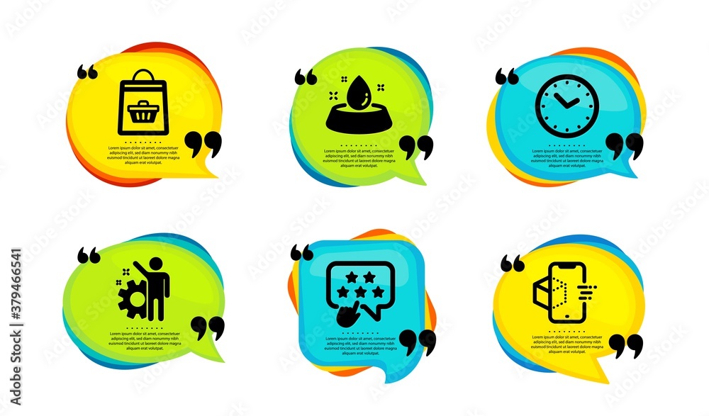 Ranking star, Time and Online buying icons simple set. Speech bubble with quotes. Employee, Water bowl and Augmented reality signs. Click rank, Clock, Shopping cart. Vector